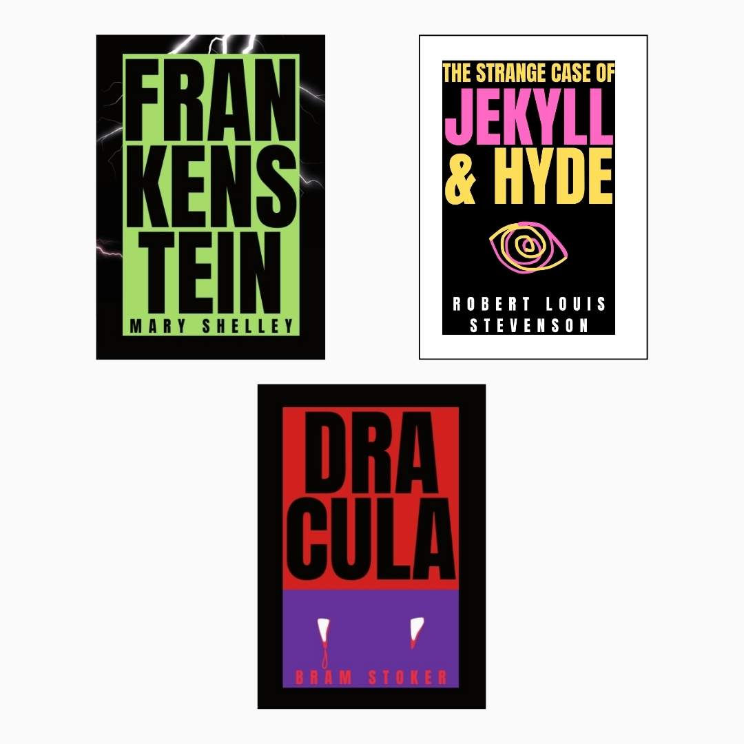 book bundle, gothic horror, classic horror books, Frankenstein, Dracula, Jekyll and hyde, minimalist cover, vibrant, hallowee