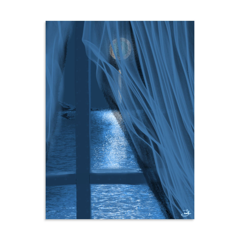 Thumbnail: moody art, seascape, window, blue, moon, art, art print, fine art, modern art, matte print, Jake Zuurbier art, modern art