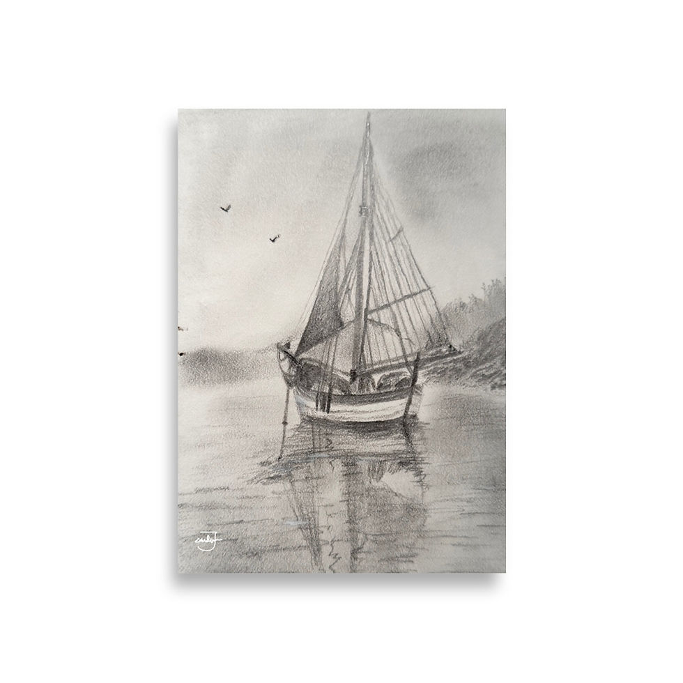Pencil drawing, art print, buy art, sailboat, minimalist art, sketch, sketch drawing, water, Jake Zuurbier, artist, real art