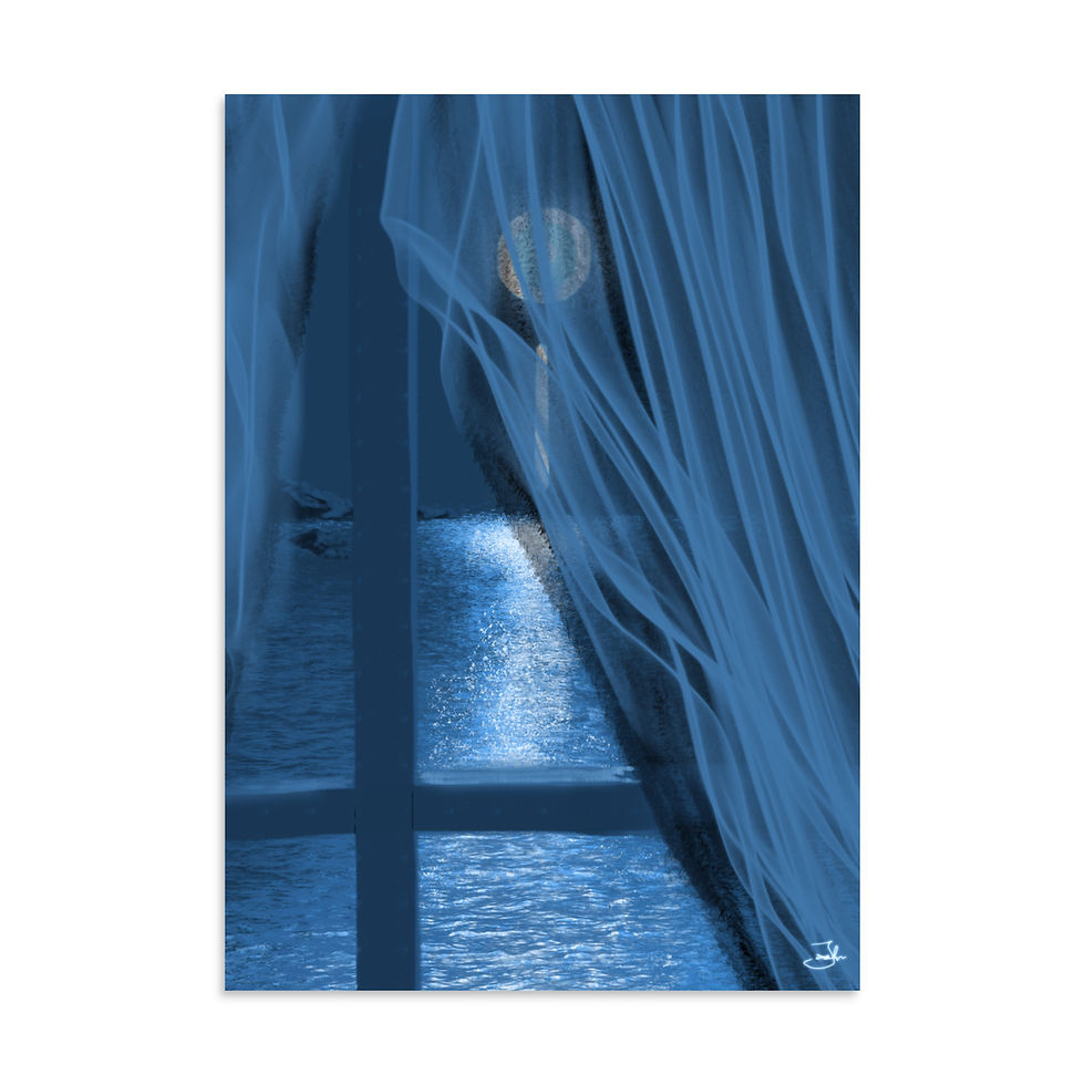 moody art, seascape, window, blue, moon, art, art print, fine art, modern art, matte print, Jake Zuurbier art, modern art