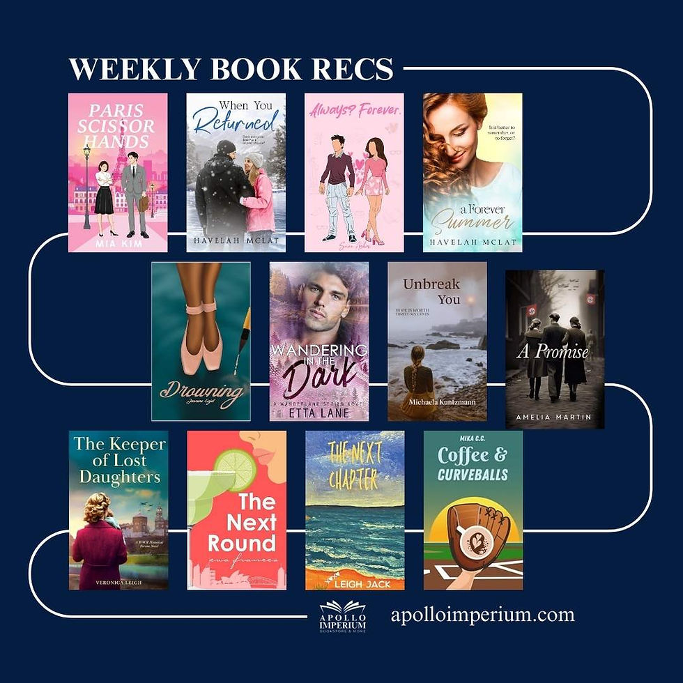 new books, book to read, to be read, indie author, indie books, indie novel, small author, book recommendations, weekly book recs, apollo imperium, romance, contemporary romance book, new beginnings, love book, women's fiction, second chances, small town romance, fake dating, found family, grumpy and sunshine, emotional healing, Paris, Second World War book, fiction, spicy romance