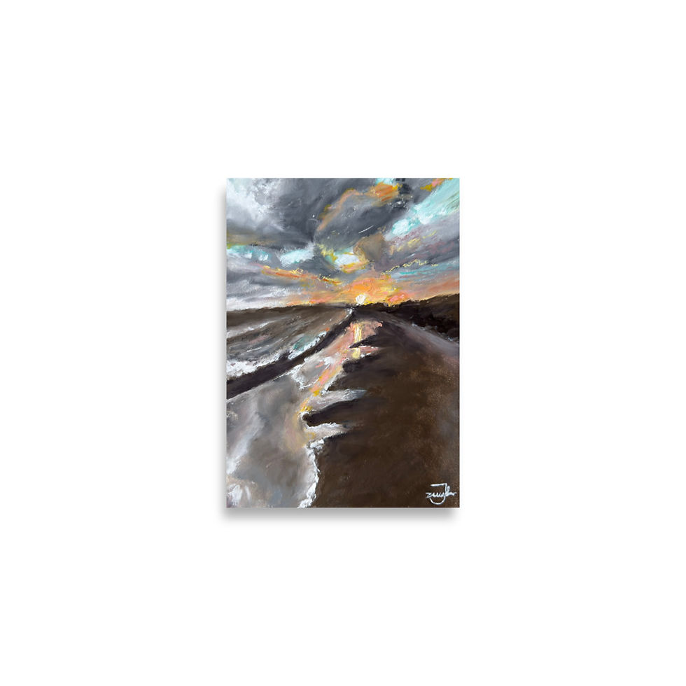 Thumbnail: beach painting, sunset, oil pastel, art print, home decor, sea, sea painting, Jake zuurbier, light, silver, sunrise, fine art