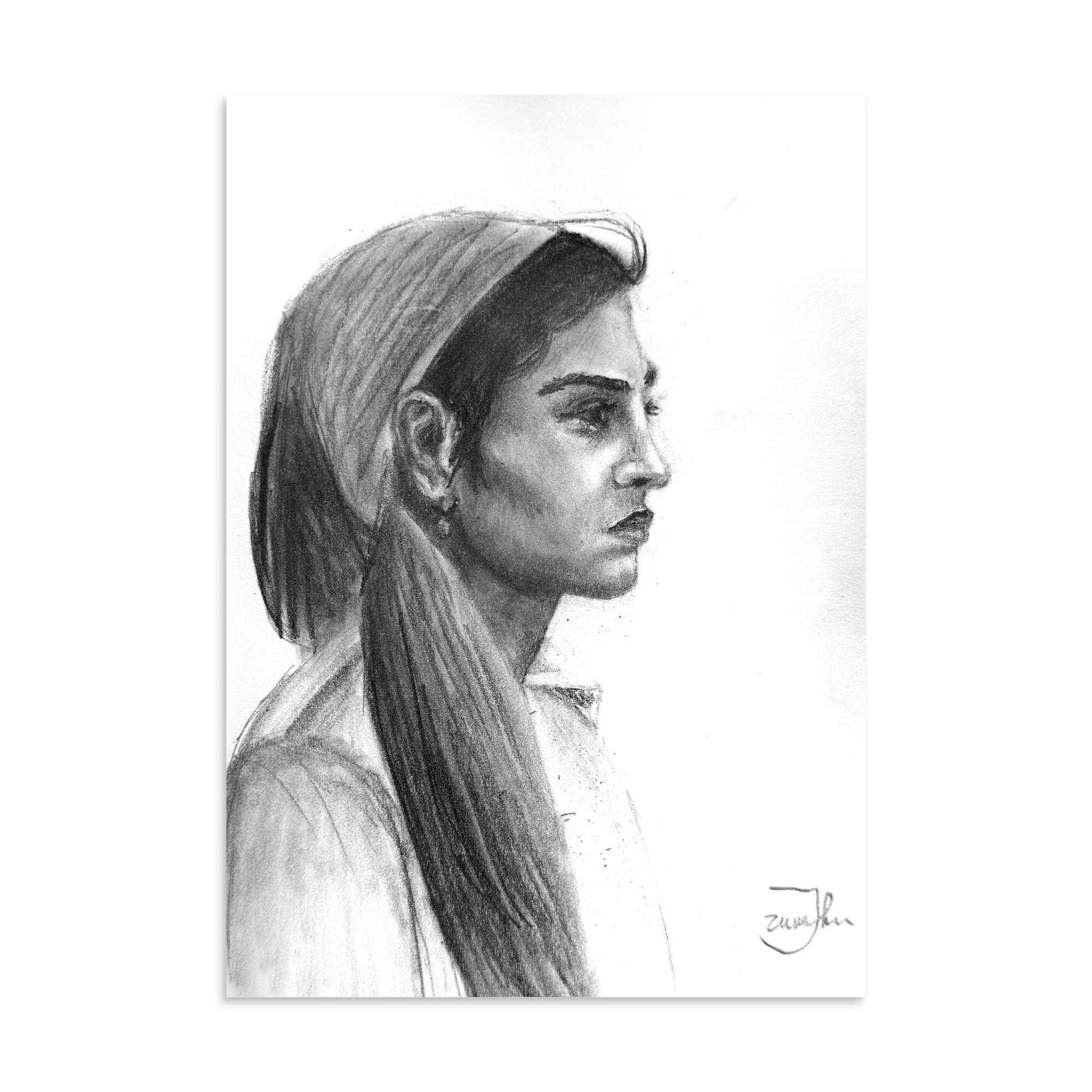 romani woman, woman portrait, pencil art, graphite, side profile, art, art print, fine art, modern art, matte print, Zuurbier