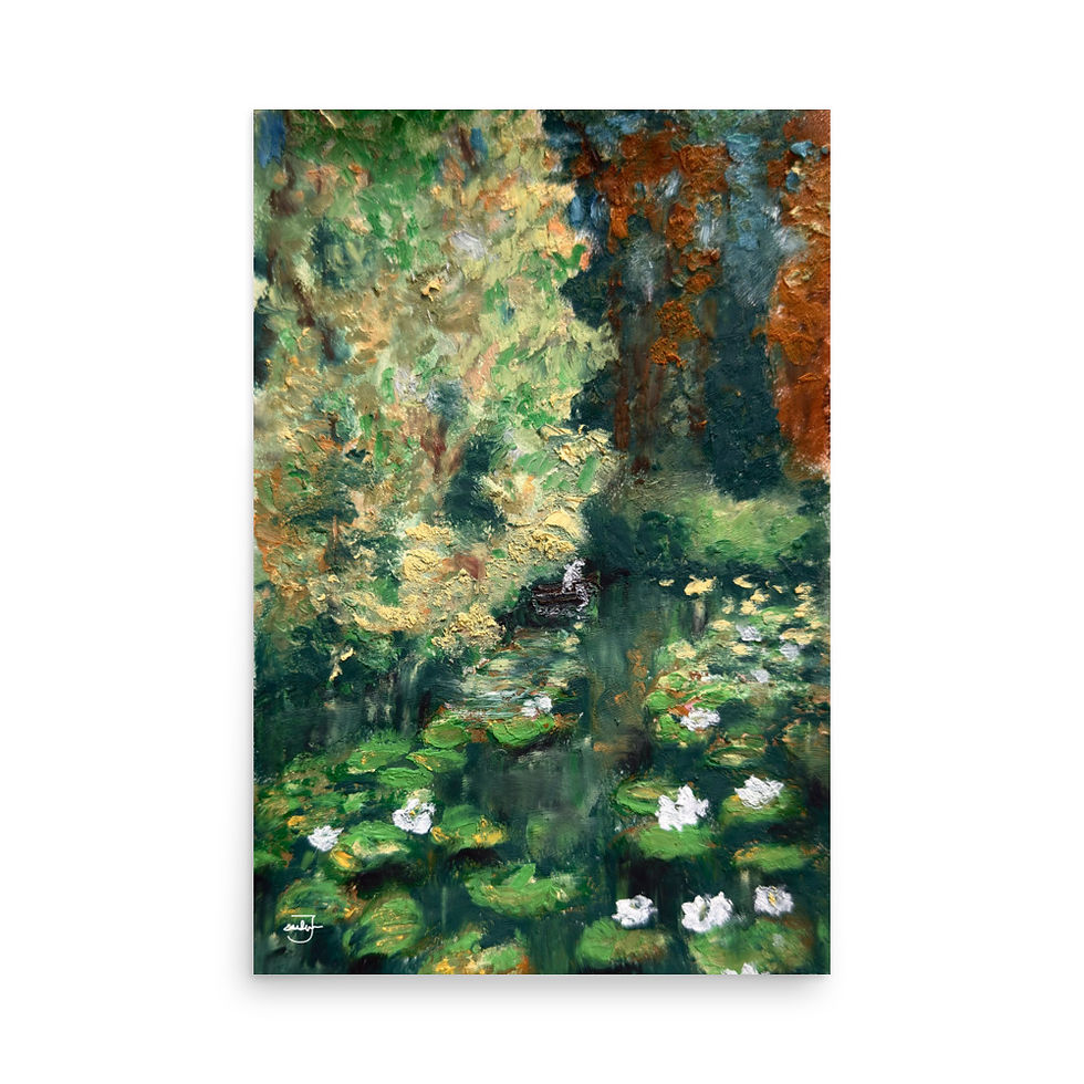 Impressionism, oil pastel art, art print, cheap art, home decor, Jake zuurbier, lily pad, forest art, pond, lily, oil paintin