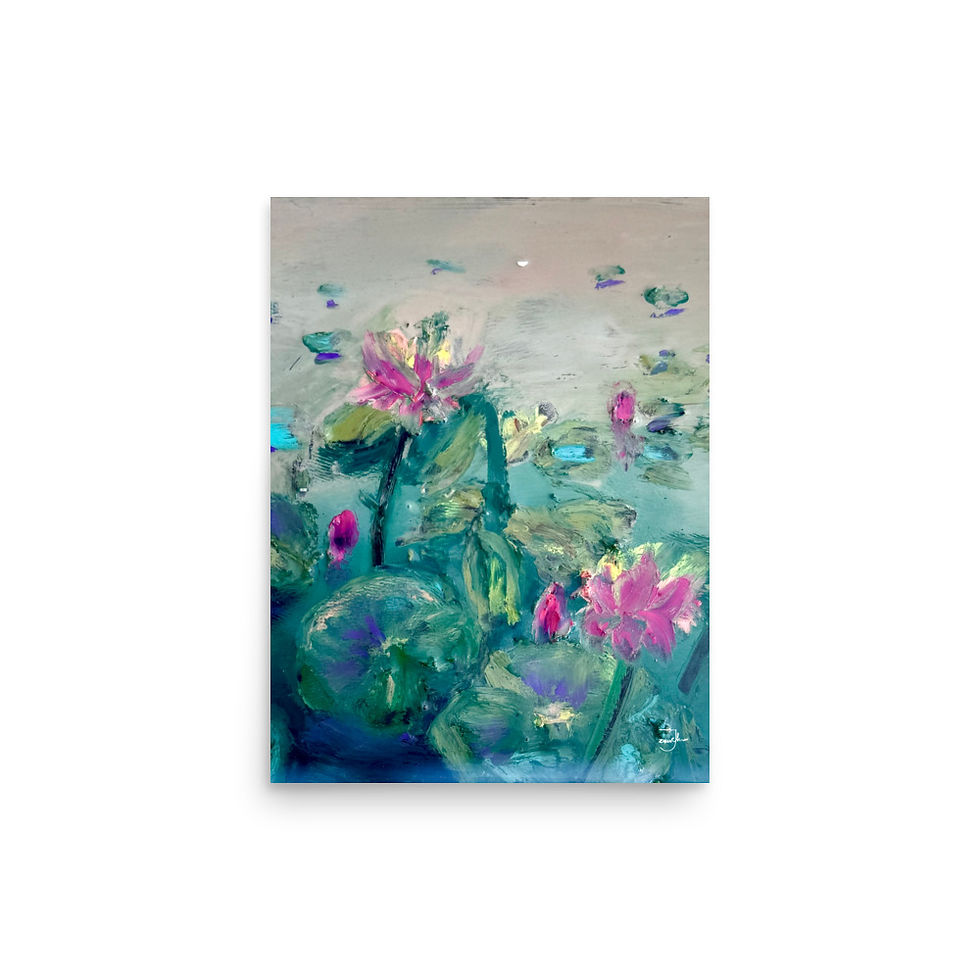 Thumbnail: lily pads, oil pastel, artwork, green, pink, lily, Art, art print, fine art, modern art, home decor, Jake Zuurbier art