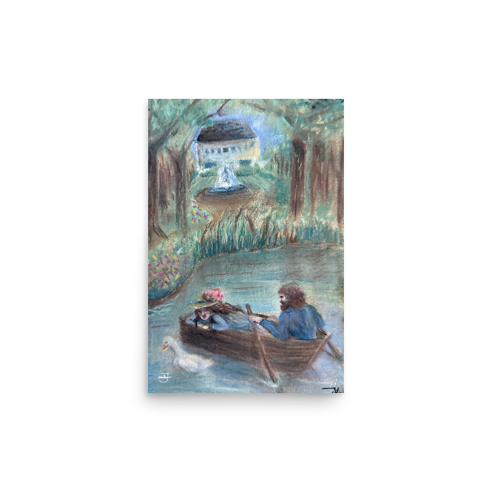 Thumbnail: art print, Jake Zuurbier, chalk pastel art, museum print, fine art, chalk art, regency, lake, lovers, boat, rowing, era