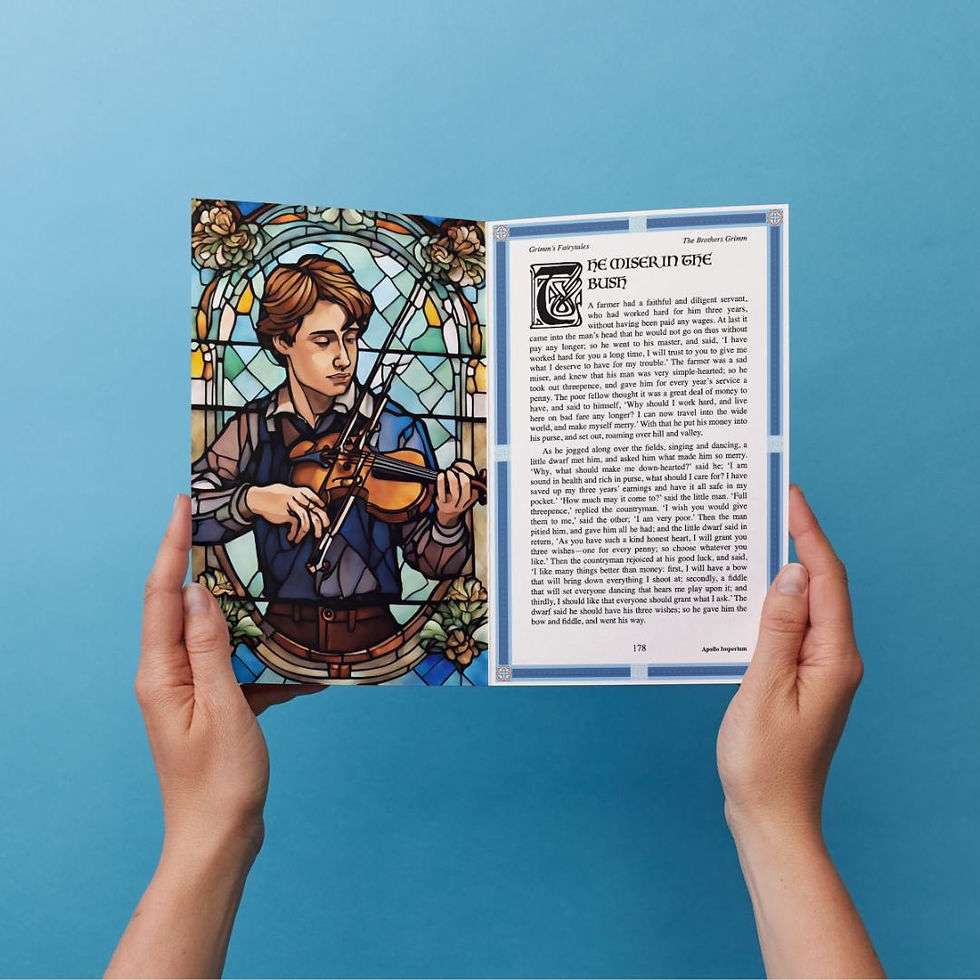 the inside of Grimm's fairytales by the brothers grimm. featuring a stained glass inspired illustration. Old fairytale book, folklore, German translated to English.