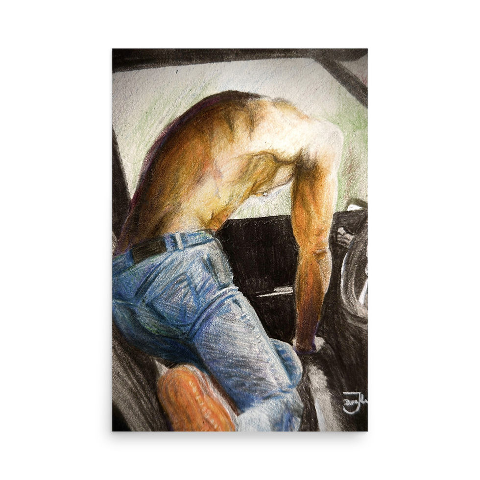 art print, fine art, pencil drawing, home decor, shirtless man, handsome man, car, car window, gay, queer, gay art, jeans