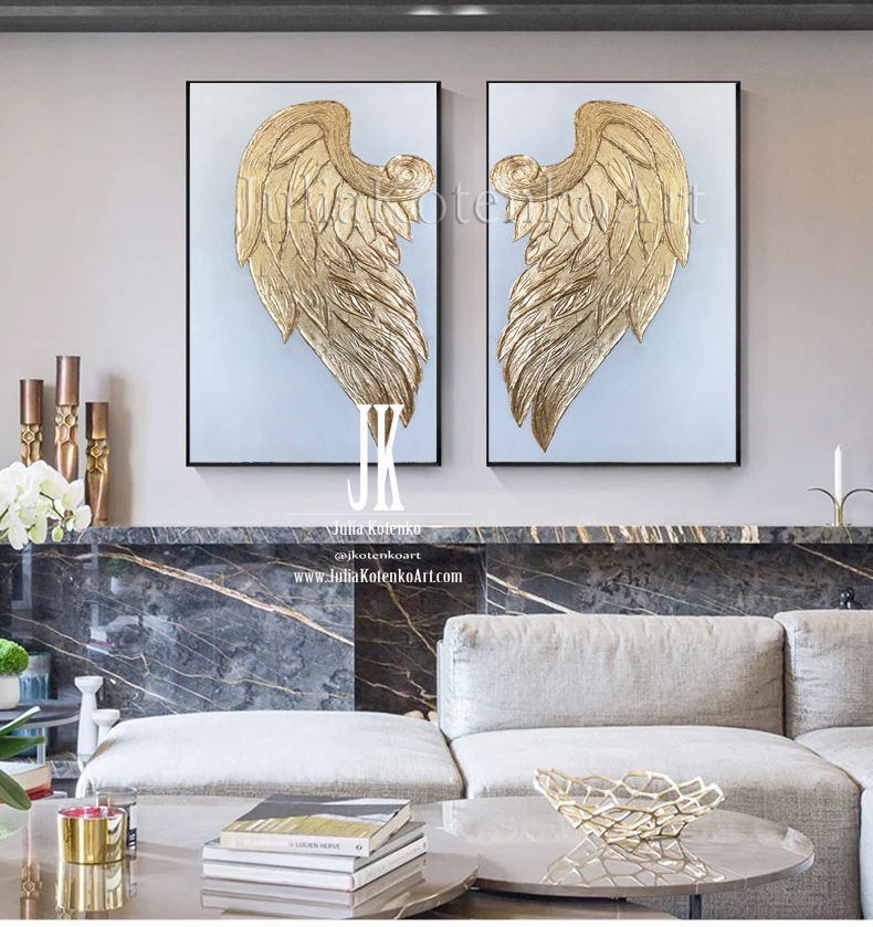 Thumbnail: Gold Leaf Painting, Angel Wings Painting,Set of 2 golden paintings by Julia Kotenko