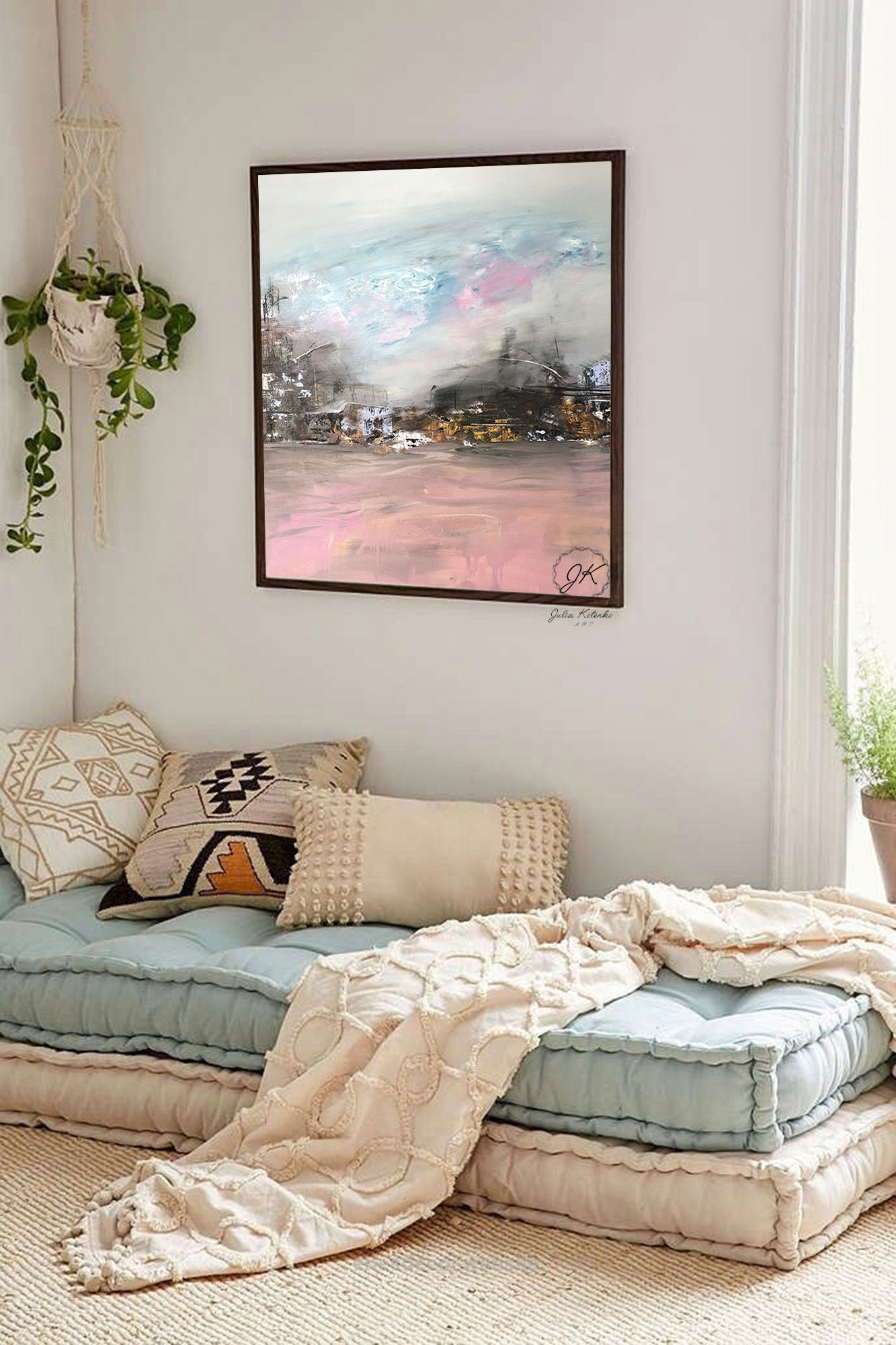 Original Landscape Canvas Painting, Pink abstract landscape by Julia Kotenko