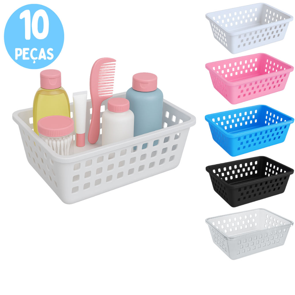 Cesta Organizadora Plástica Multiuso – Azul, Rosa, Preto e Branco
