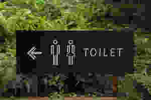 Kuvassa on musta WC-kyltti, jossa valkoisella nuoli vasemmalle, miesten ja naisten kuvat ja sana toilet. Taustalla on vihreää kasvillisuutta.