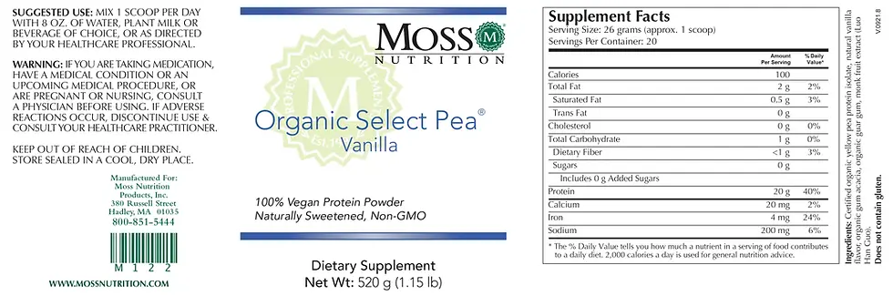 Thumbnail: Moss Nutrition Organic Select Pea Vanilla Product Label