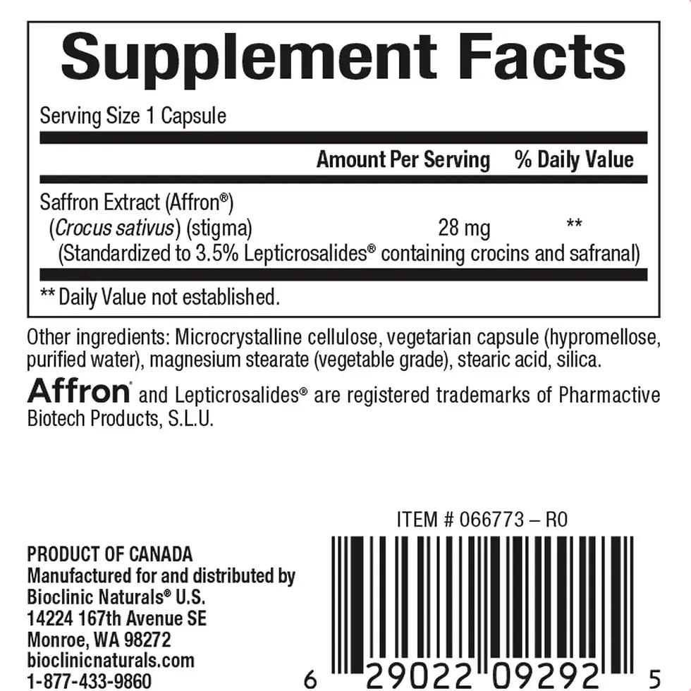 Bioclinic Naturals Saffron Extract supplement facts