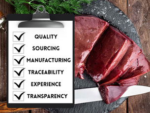 Beef Liver on a cutting board with a knife and a checklist that says quality, sourcing, manufacturing, traceability, experience, and transparency