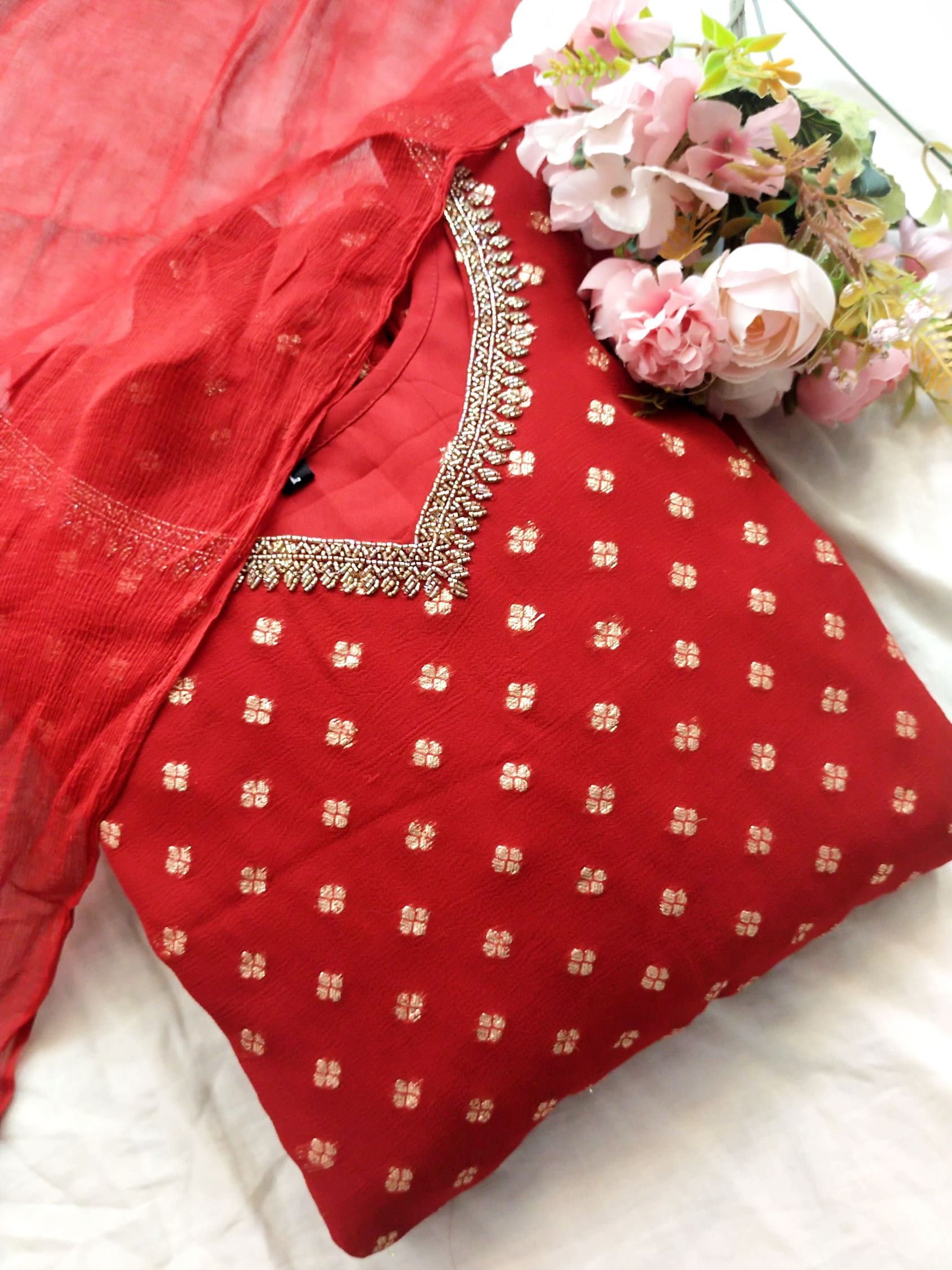 HN042 - Hand Worked Butta Georget with Soft Shiffon Dupatta