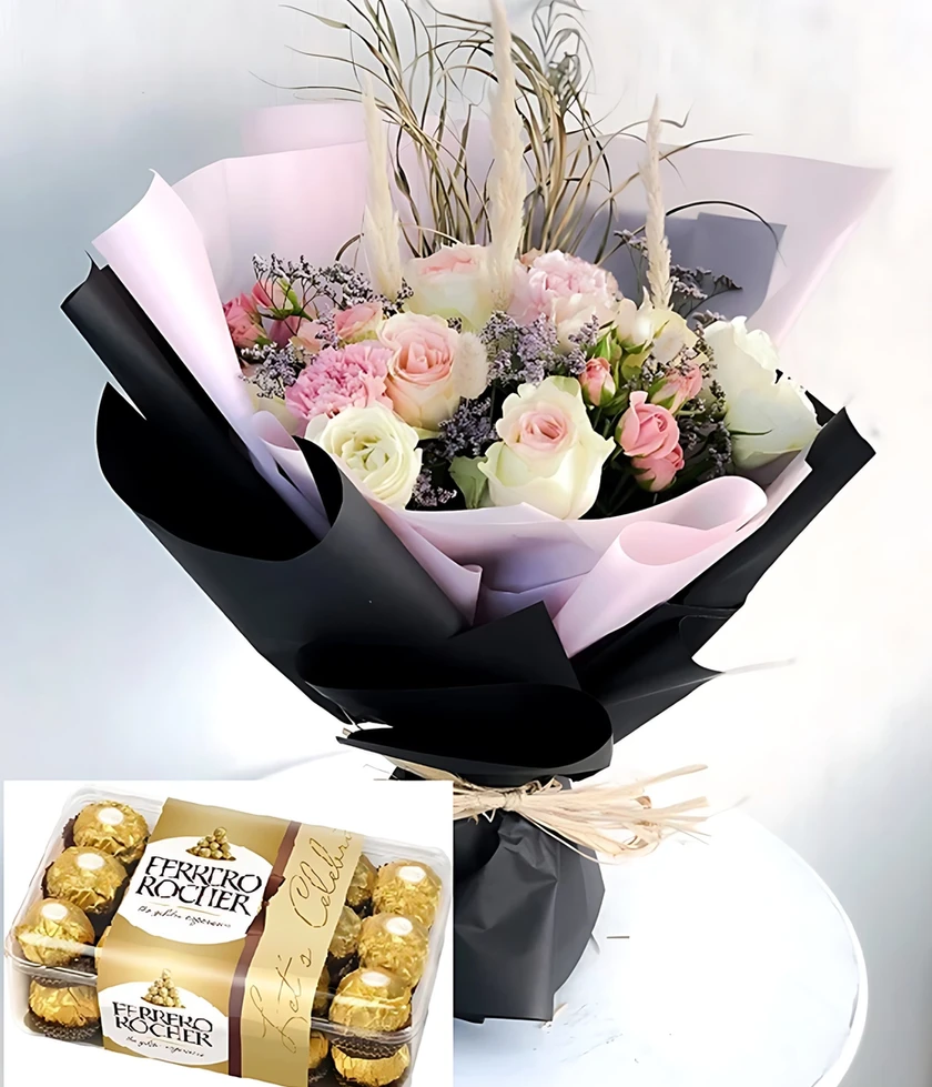 Gifting game with the Purple Breeze Flower Bouquet with chocolate