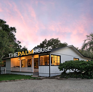 Picture of a modern farm house with the words "The Palm House" overlaid on it