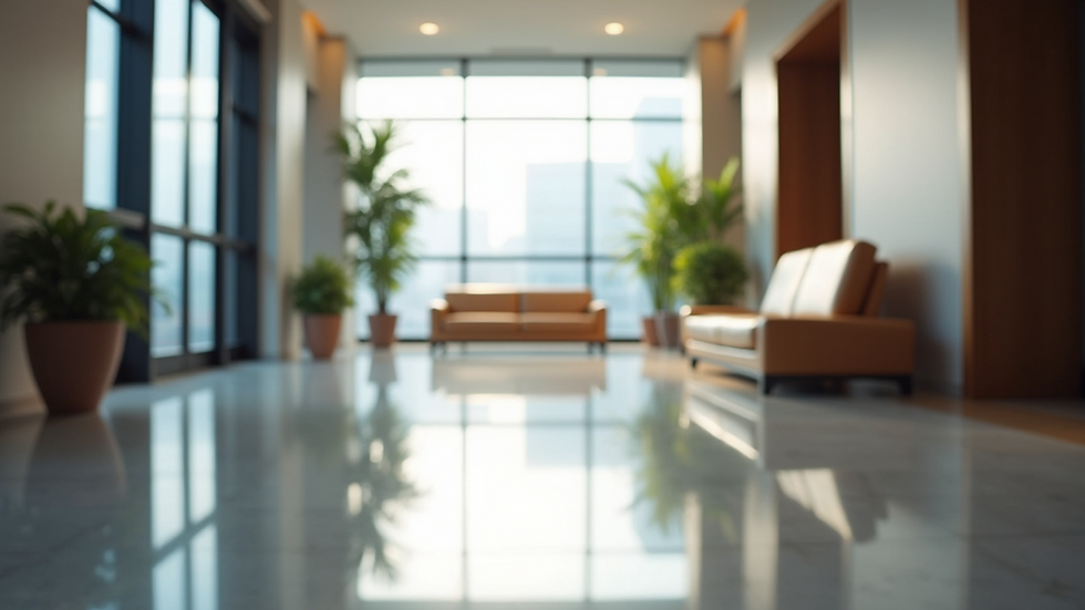 Eye-level view of a commercial lobby with polished floors and clean seating area