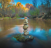 Stone cairn in stream Sedona Arizona cathedral rock colorful desktop landscape background