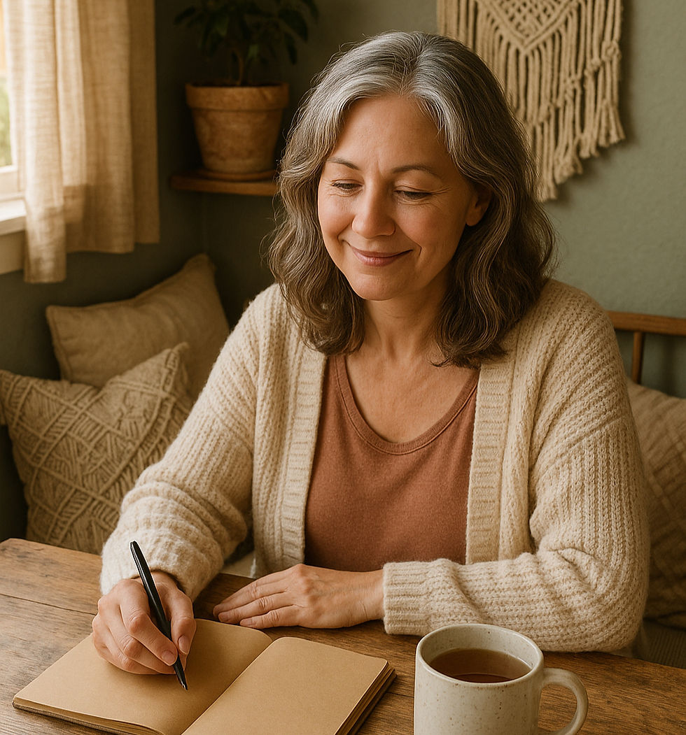 Woman with gray hair writes in a journal at a wooden table, smiling. Cozy setting with beige decor, plants, and a warm-toned mug.