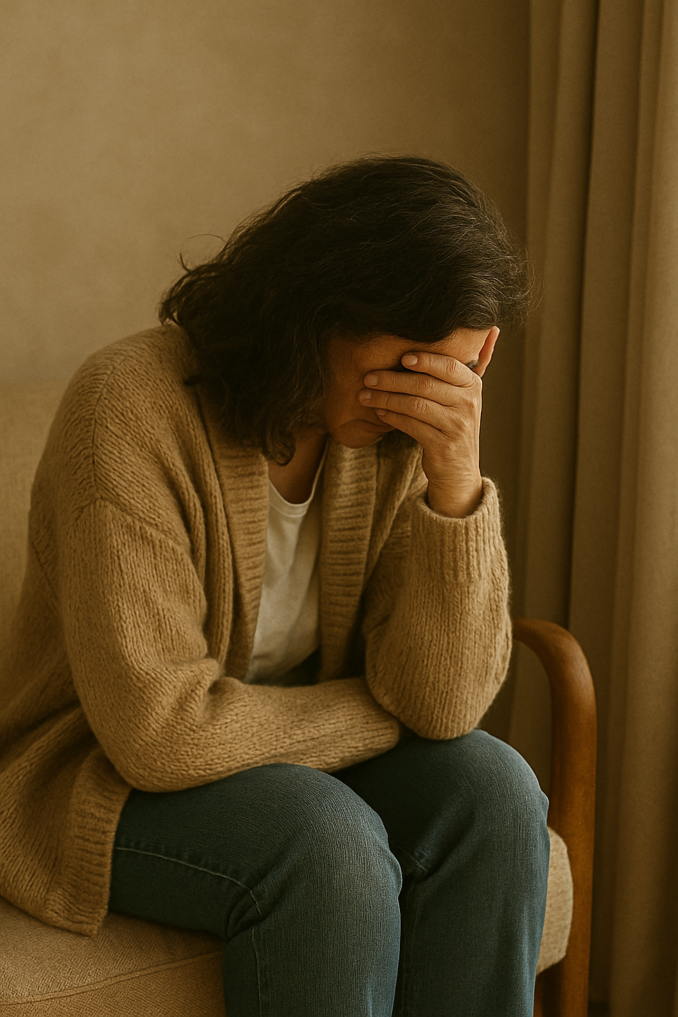 Midlife woman sitting in a chair with her hand covering her face, representing emotional exhaustion, binge eating for trauma protection, and the struggle of people-pleasing.