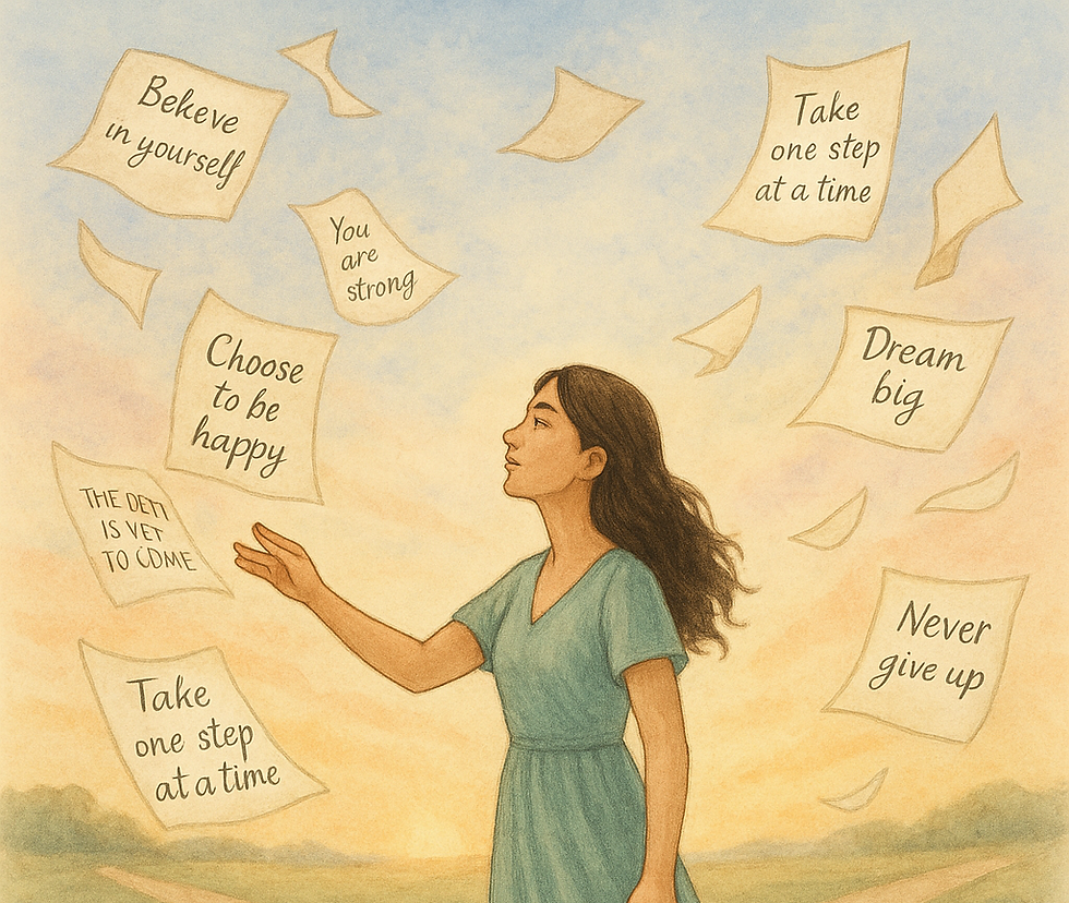 A woman in a blue dress stands in a field with motivational phrases on floating papers, like "Believe in yourself" and "Dream big," at sunset.