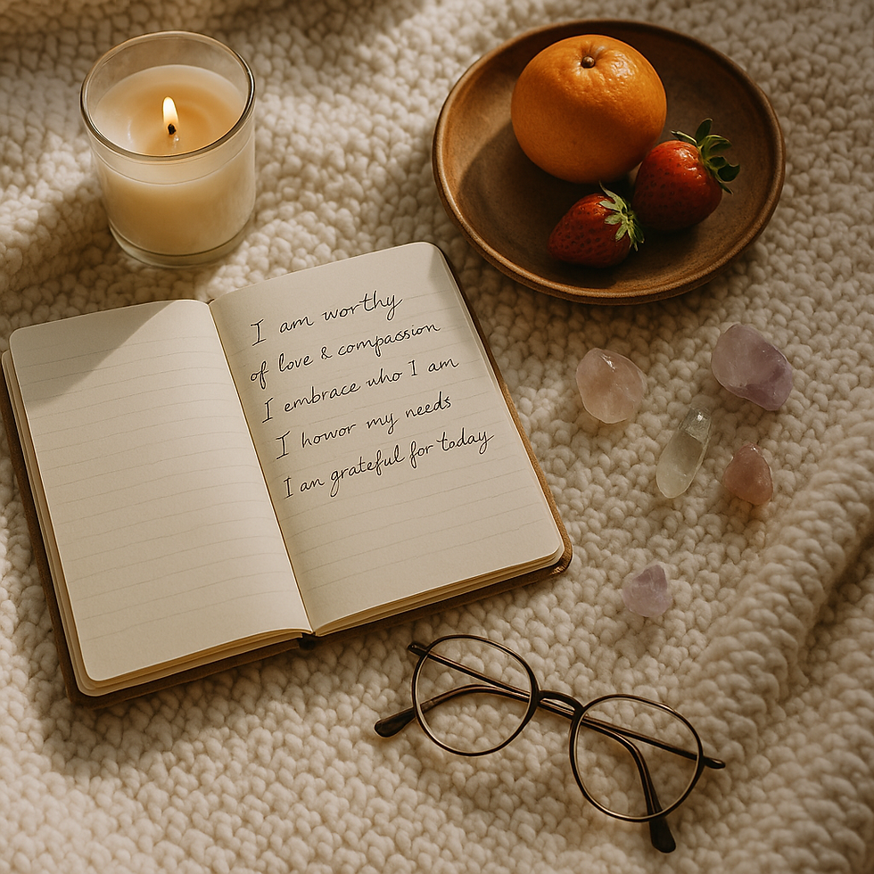 Notebook with affirmations on textured fabric, surrounded by candle, fruits, crystals, glasses. Warm, cozy atmosphere.