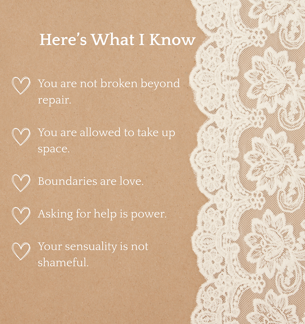 Inspirational text in white on brown paper with lace trim: “Here’s What I Know” and affirmations about repair, space, love, help, and sensuality.