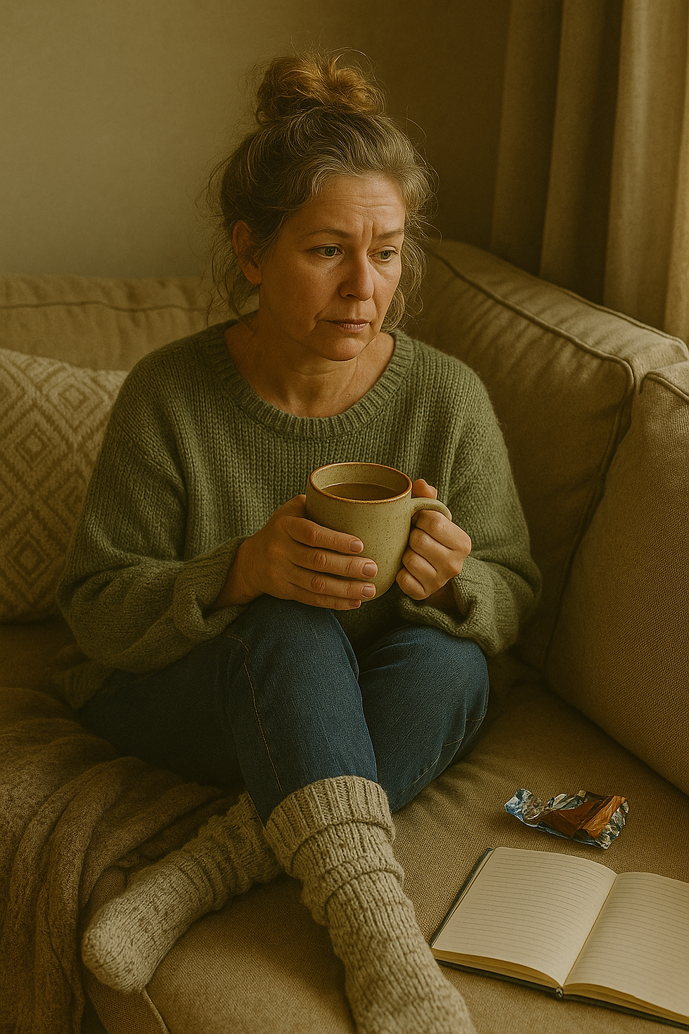 Woman in a cozy sweater and socks holds a mug on a beige couch. An open notebook and snack wrapper are beside her. Calm, reflective mood.