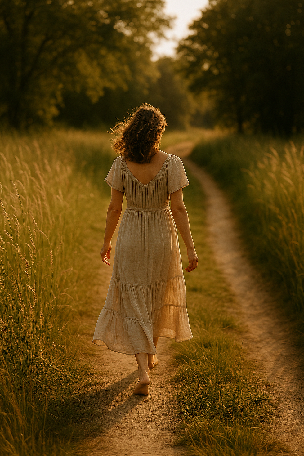 Woman in beige dress walks barefoot on a dirt path through grassy field, surrounded by trees, under warm, golden light. Peaceful mood.