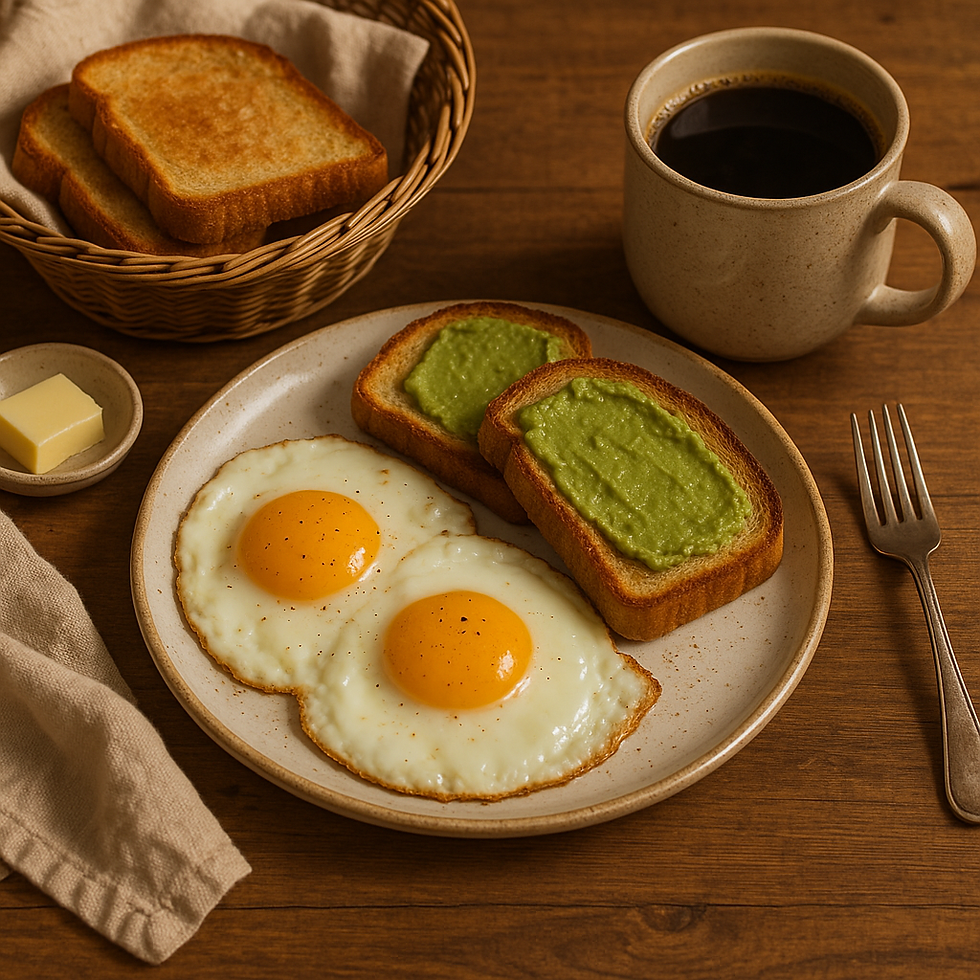 Breakfast scene with two fried eggs and avocado toast on a plate, a basket of toast, a cup of coffee, butter, and a fork on a wooden table.