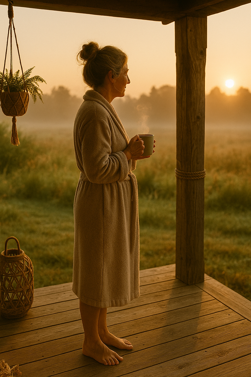Woman in a robe holds a steaming cup on a wooden porch at sunrise, overlooking a misty field. Warm tones and tranquil mood.