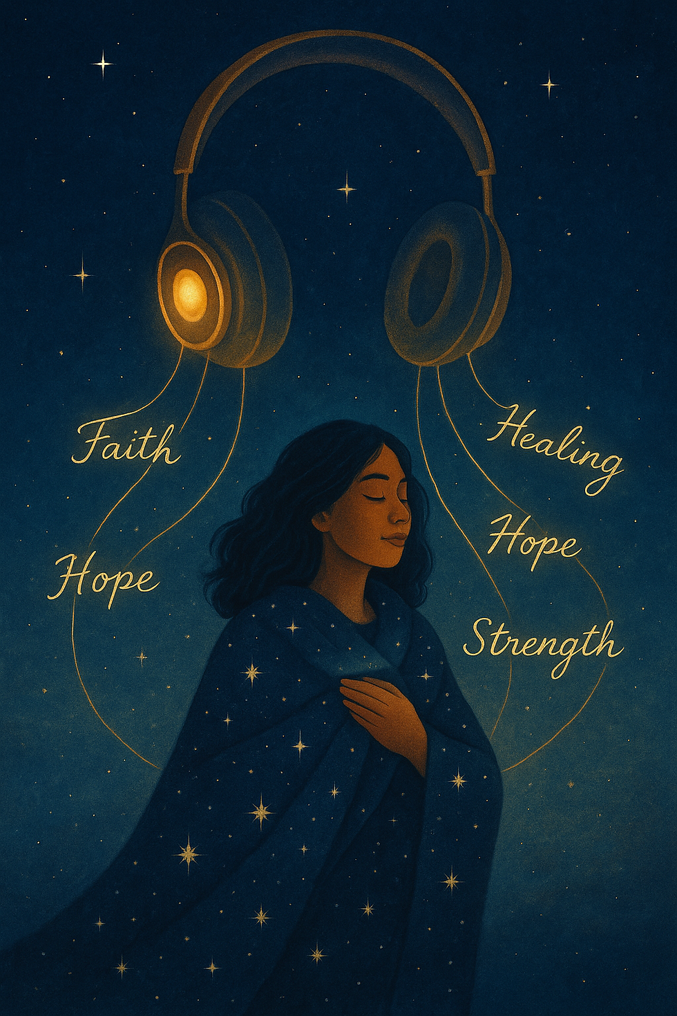 A serene woman is wrapped in a starry blue blanket, under large headphones, with words Faith, Hope, Healing, Strength in a starry night sky.