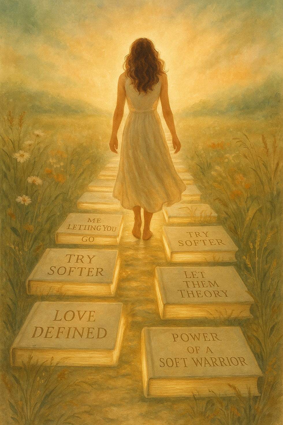 A woman in a white dress walks on a path made of books with titles like "Try Softer." The scene is bathed in warm, golden light.