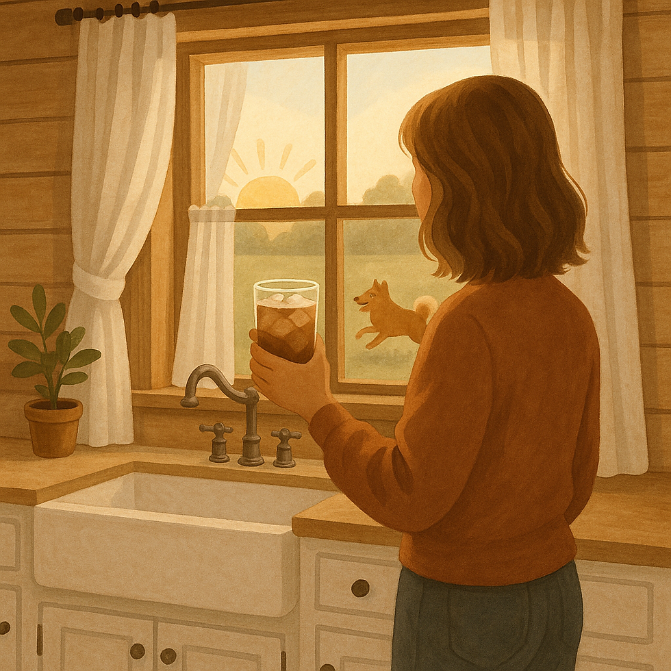Woman holding iced drink by kitchen window, looking at sunrise. Dog jumps outside. Warm tones, calm morning vibe.