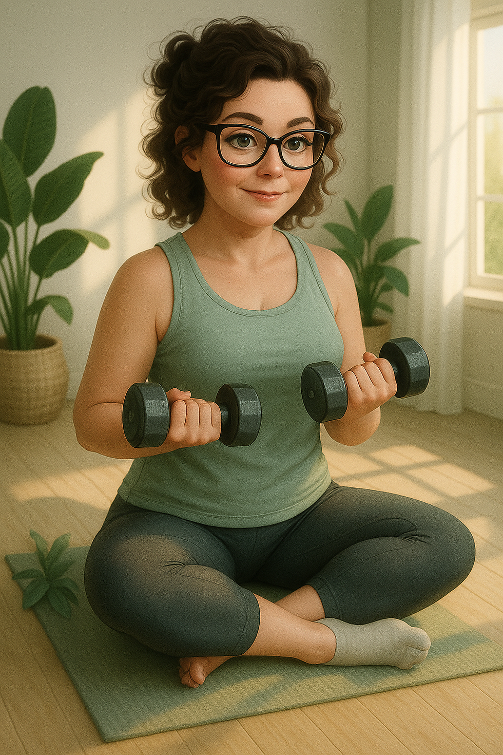 A midlife woman lifting light weights or stretching in a sunlit room