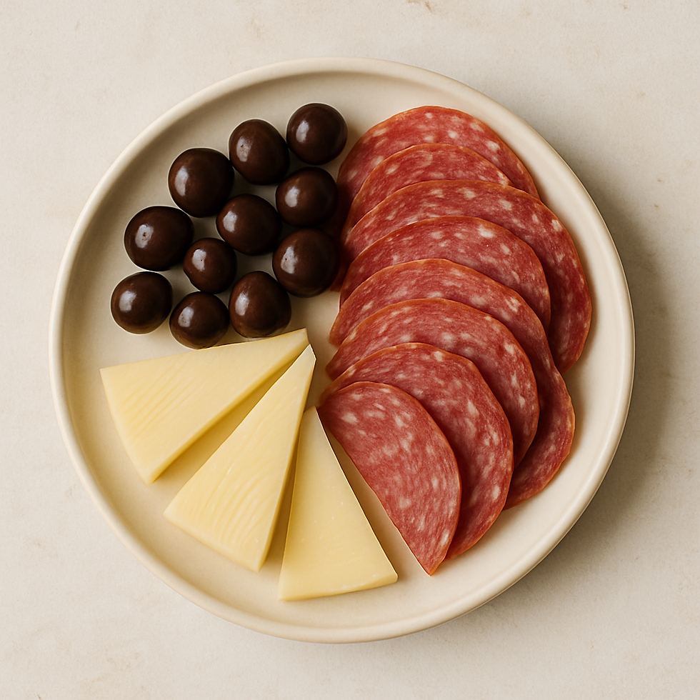 Snack Plate Description A delightful snack plate with sliced salami, cheese wedges, and Trader Joe's powerberries, balancing savory and sweet flavors.