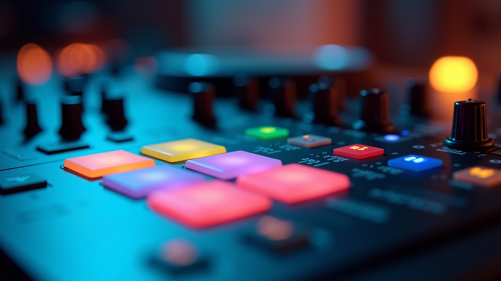 Close-up view of DJ mixing console with colorful buttons