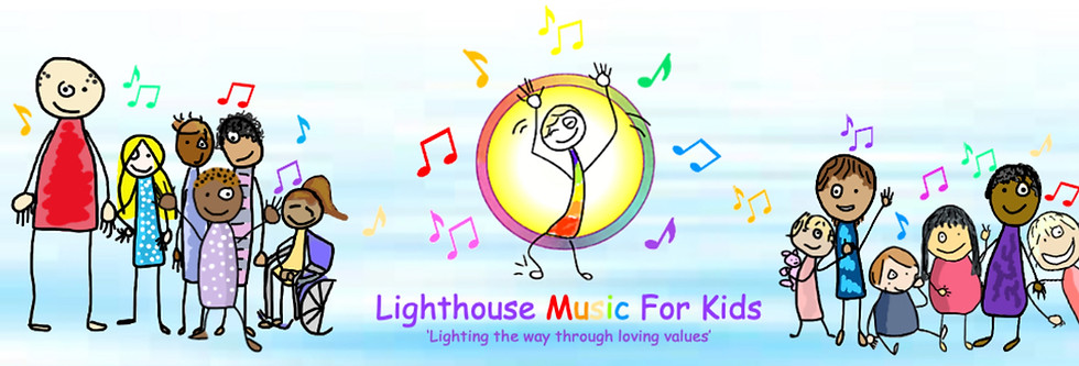 Lighthouse Music For Kids Header showing icon with cartoon kids of different ages and musical notes around it