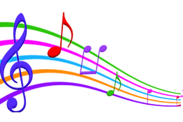 Colourful music staff and notes picture flowing into to music icon advertise Preschool – Year 2 Music Resources page