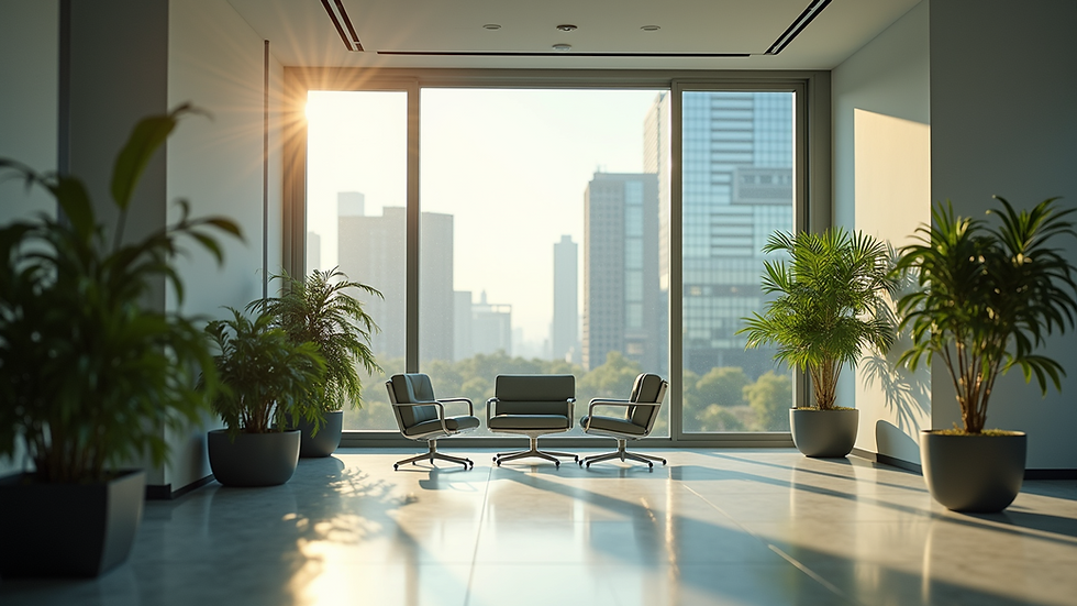 Eye-level view of a modern office space with a large window and greenery