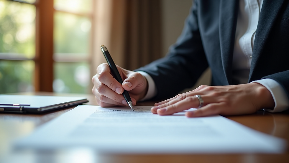 Close-up view of a notary signing a property deed in Spain