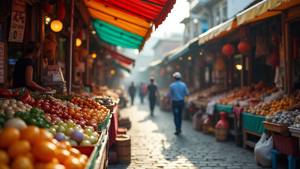 Eye-level view of a vibrant marketplace with diverse vendors