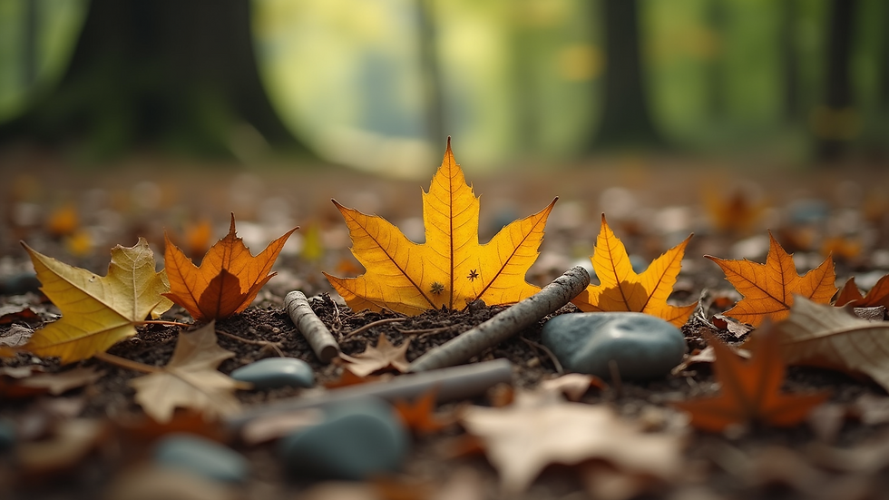 Close-up view of natural materials like leaves, sticks, and stones arranged by a child in a forest clearing
