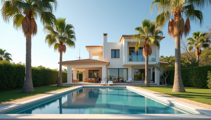 Eye-level view of a Mediterranean-style villa with a tiled roof and palm trees in Costa Blanca