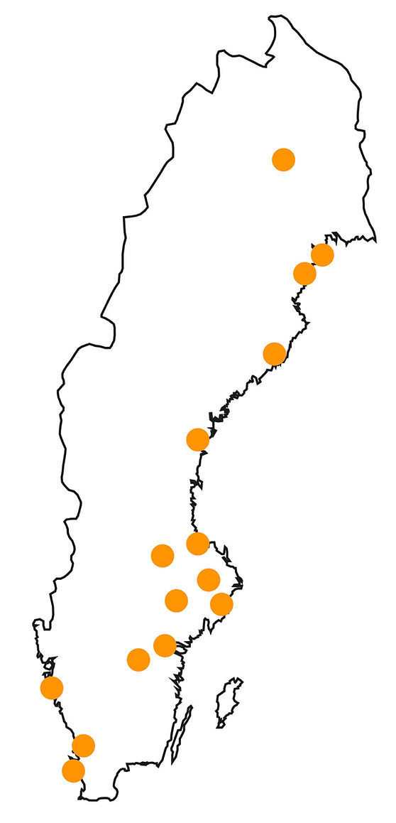 Sverigekarta med markeringar för Wikibox depåer