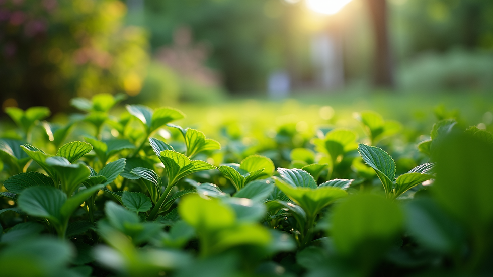 Eye-level view of a lush green garden with various plants
