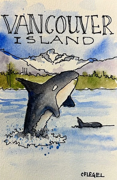 A painted postcard saying 'Vancouver Island' shows a watercolour ocean scene with an orca breaching the water.