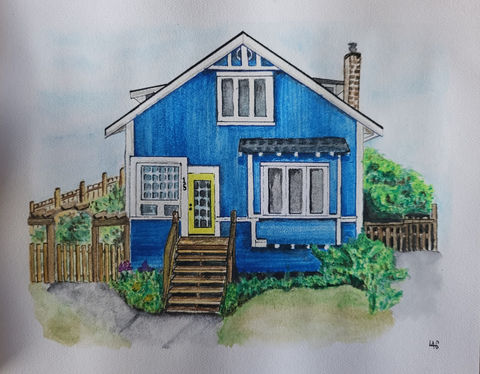 Illustration of a blue house with a yellow door.